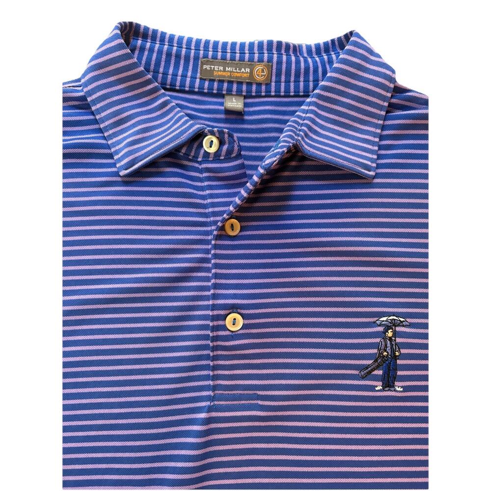 Peter Millar Summer Comfort Polo Shirt Mens L Blue Purple Stripe Logo Golf